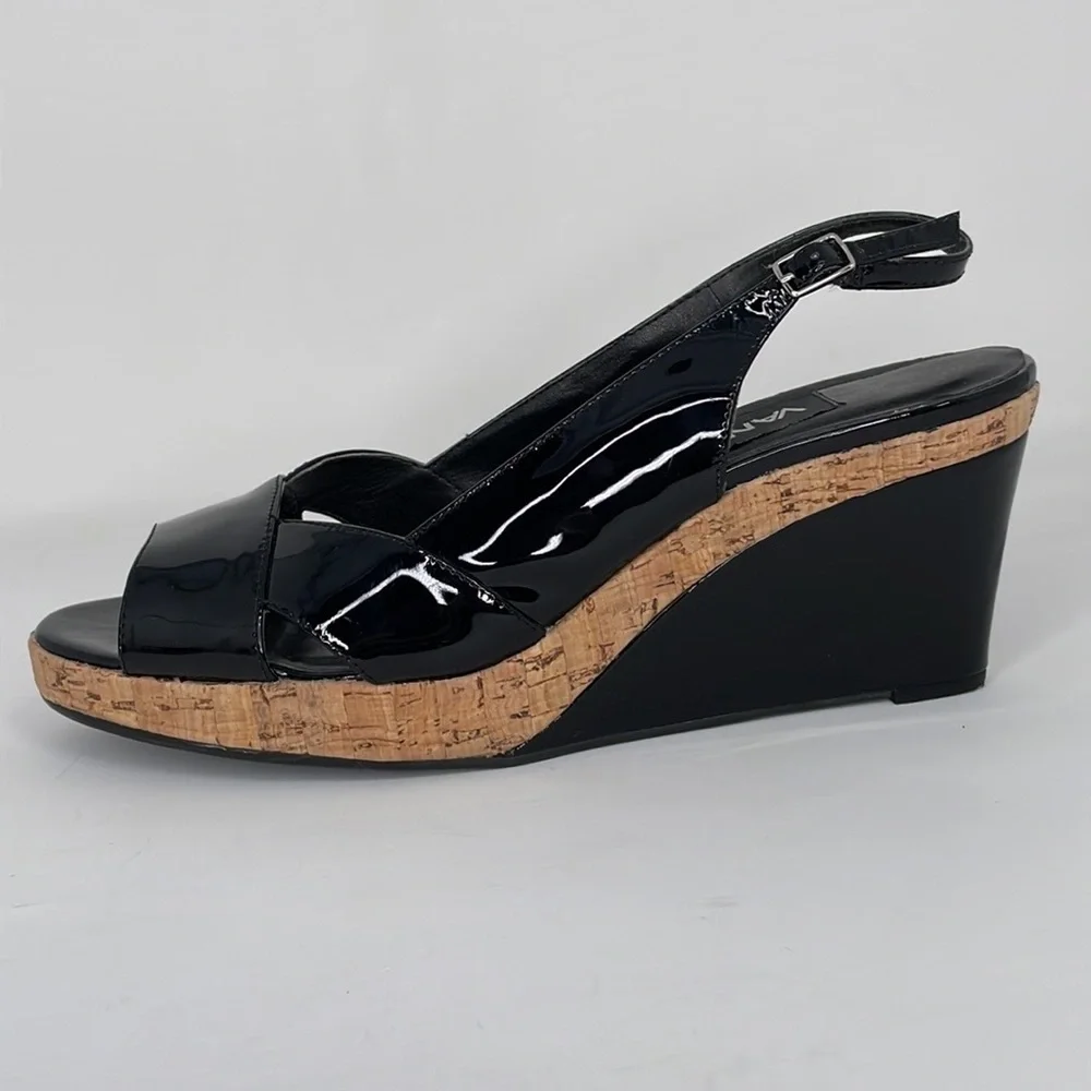 VAN ELI Wedge Heel Sandals Sling Back Open Toe Black Patent Leather Cork 9.5